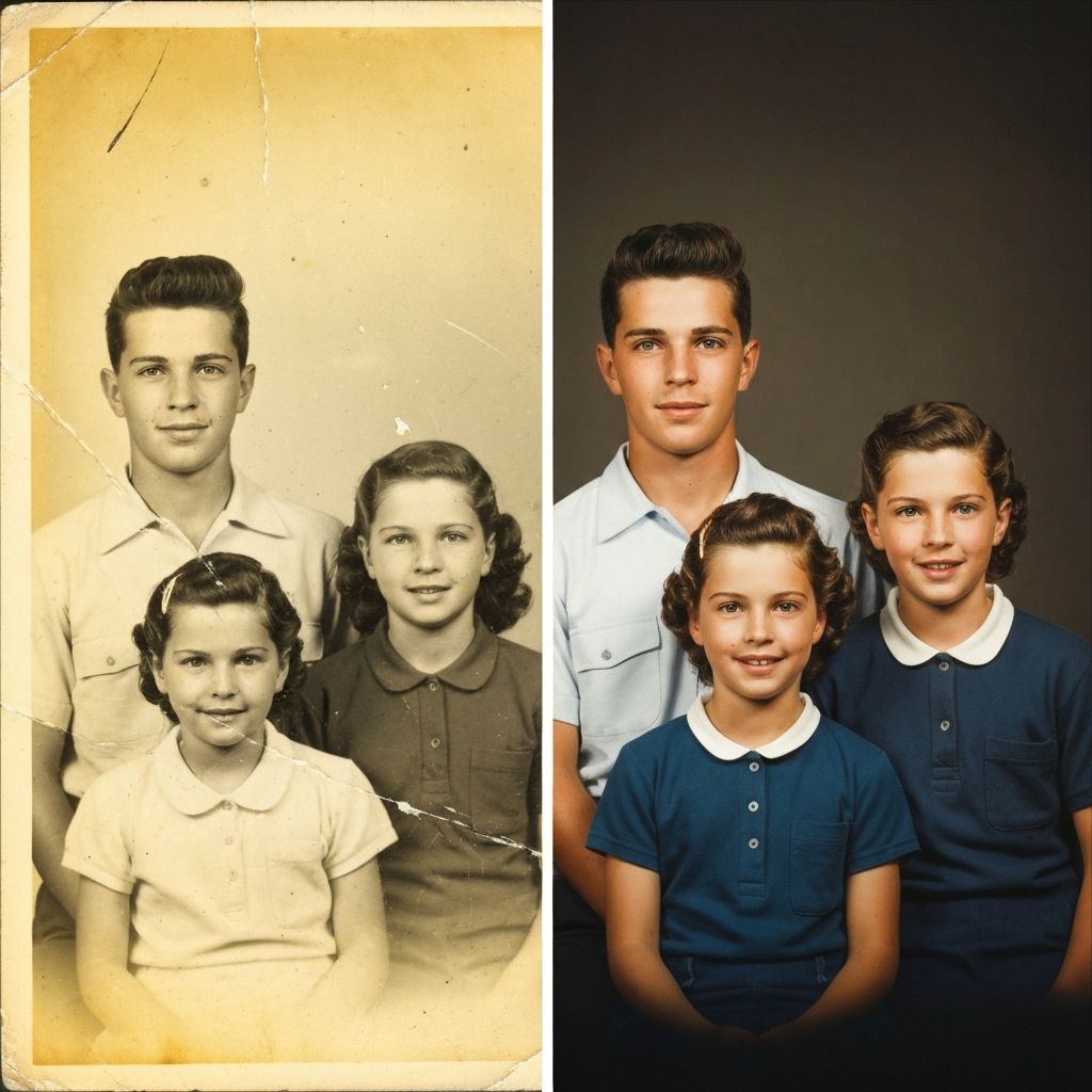 Before and after comparison: damaged old black and white photo restored and colorized by Retro AI